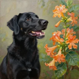 oil painting of a black hound bearing its teeth next to brugmansia suaveolens flowers