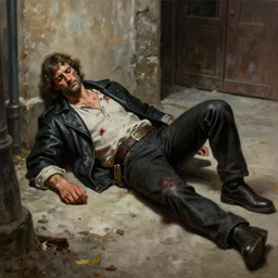 a bloodied mafia goon laying dead in an alleyway, very detailed painting by Michelangelo, Moebius, Frank Frazetta, Thomas Kinkade, trending on artstation, 4k wallpaper