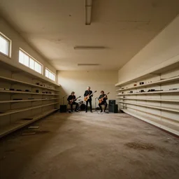 A photo of Steely Dan performing in a dark, abandoned department store where the walls, carpet and ceiling are colored beige. liminal space