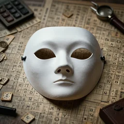 mask with a symbol for a society secret, riddles and enigmas, decoding, amateur detective mystery, brain teasers, cryptic crosswords, scape room, logic games - by jama jurabaev, artstation, cinematic shot