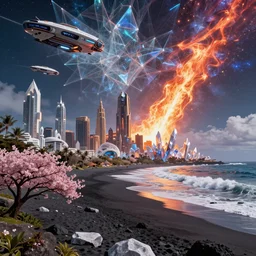 cyberpunk aztec megapolis on waiʻanapanapa state park black beach of maui during interstellar crystalized fractal kaleidoscope glass sky, blazing fire meteor hitting crystal snow landscape, lush sakura, advanced civilization, high tech spaceships, by peter mohrbacher, james jean, james gilleard, greg rutkowski, rule of thirds, octane render, beautiful