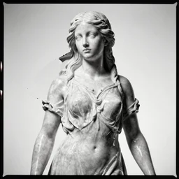 analog photograph portrait of a marble statue of a young woman, long flowing hair, nightgown, heavy film grain, broken pieces, damaged, 8k, sheen, gloss, greyscale, white background, high contrast
