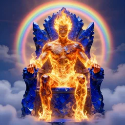 a throne made of blue lapis lazuli. sitting on it is a man who, from his waist up, looks like gleaming amber, flickering like a fire. and from his waist down, he looks like a burning flame. all around him is a glowing halo, like a rainbow shining in the clouds, ultrarealistic