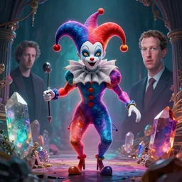 a cinematic shot of hyperdimensional jester, mark zuckerberg, quartz, colorful, octane render, volumetric lighting, nvidia raytracing demo, by Andy Thomas, Mario Martinez, Daniel Mirante, Gustave Dore, Artstation, CGsociety, masterpiece