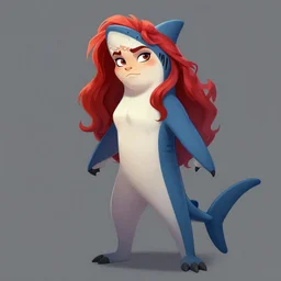 digital painting full body of anthromorphic scalie female shark, red hair, in style of zootopia, female fursona, furry, furaffinity, 4 k, deviantart, furry art, fursona art, shark fursona, female, very expressive detailed feminine face,
