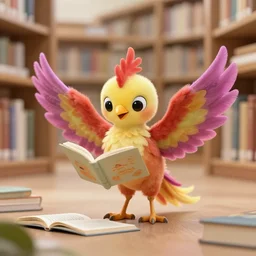 a cute adorable phoenix fledgling learning to read in a library #FPS