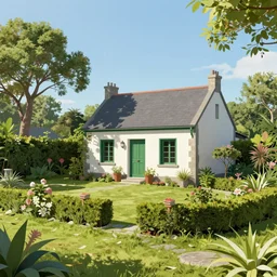 a typical house in a creole garden from reunion island concept art by victor mosquera, kurzgesagt style. colourful 2 d cartoon, matte background, luminescent. behance contest winner