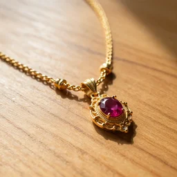macro shot of an intricately detailed!!! golden necklace with an embedded ruby gem, lying on a oak table indoors, sunlit day, f 0. 4