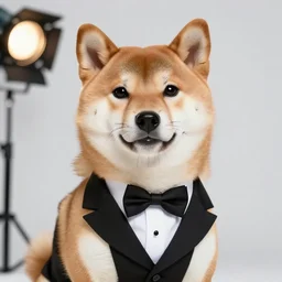 a hyperdetailed cinema shpt of a shiba inu wearing a tuxedo suit,photorealiatic,hyperdetailed,hyperrealistic,studio lighting,studio photography,professional photography,professional lighting,detailed face,3 point lighting,4k