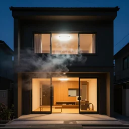photo of the exterior of a japanese modern house with open lit doorways, dramatic lighting, smoke, ceiling fluorescent lighting, black and orange colour palette