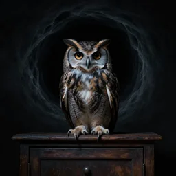 an owl sitting on top of a cupboard in the dark, black hole, eerie, black hole, ultra detailed, intricate, eerie