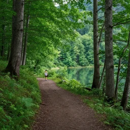 walk in nature on lsd, in a forest by a lake, trail with green trees, ultra realistic, high detail, 4 k