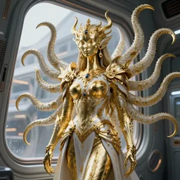 a photo of 8k ultra realistic corrupted lovecraftian golden humanoid queen standing next to a spaceship window, 8 intricate white and gold tentacles, ornate white and gold armour, cinematic lighting, trending on artstation, 4k, hyperrealistic, focused, high details, unreal engine 5, cinematic, masterpiece