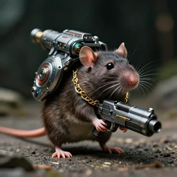 small bipedal rat carrying large sci - fi alien technology gun firearm, cinematic, portrait, fujifilm superia, shot on 7 0 mm, macro, wearing a golden chain, from the new sci - fi movie, 8 k, f 1. 8