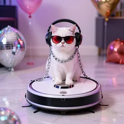 white cat wearing sunglasses, cat sitting on top of roomba, roomba, cat wearing headphones and chains, reflective marble floor, disco party lights, red tinted sunglasses, cat wearing chains, balloon