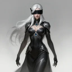 a highly detailed illustration of white haired pale lady wearing black blindfold, dramatic standing pose, intricate, elegant, highly detailed, centered, digital painting, artstation, concept art, smooth, sharp focus, league of legends concept art, wlop
