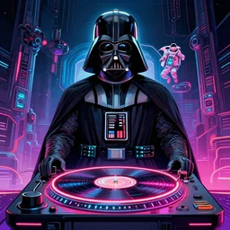 closeup potrait of darth vader dj standing on a giant science fiction neon turntable at a astronaut rave, anti gravity, digital art, winning award masterpiece, fantastically beautiful, intricate, illustration, dan mumford, geof darrow, moebius, 8 k, octane, symmetrical