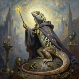 portrait oil painting, an ethereal lizard, wearing a wizard cloak, holding a magic wand, majestic background, ultra realistic, wide angle, intricate details, artifacts, luminous skies, highly detailed, michael cheval, peter mohrbacher, boris vallejo, jessica rossier, oil painting, highly detailed, cinematic lighting