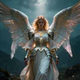 angel with big wings, low key light, full plate armor with cloth, f 1 6, bokeh, extreme close up portrait, gentle, female, mountain, storm, god rays, landscape, d & d, fantasy, elegant, teal pink white gold color palette, concept art, moebius, greg rutkowski, alphonse mucha