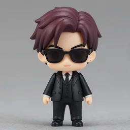 nendoroid character, crowley from good omens, good omens tv series, marron short hair, black suit, sunglasses, david tennant, product photography