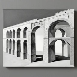 acrylic canvas, aqueduct and arches, 3 6 0 panorama ( 3 - point perspective ), escher style pattern of colorful balls and ( bubbles ) and ( cubes ), texture of old rust and trash