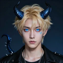 a blond young man with luminescent glittering blue eyes and demon horns and a spiked tail.