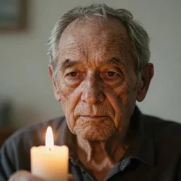 a close up portrait of one solitary old underweight man frozen, full colour, hyper realistic photo, candle light, shallow depth of field, upscale, 8 k, masterpiece,