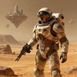 space soldier on mars with a gun, space city with floating islands in the background, a highly detailed, digital painting, artstation, concept art, matte, sharp focus, illustration, art by artgerm and greg rutkowski, octane render