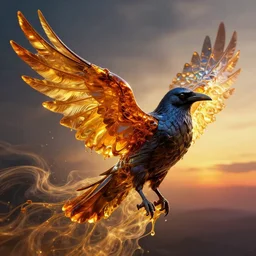 psychedelic transcendent raven mind bending psychedelic wings of glossy liquid honey flowing like kaleidoscopic translucent amber, lsd feathers, honey wind, enlightenment, high contrast lighting, refracted sunset, highly detailed, concept art, art by collier, albert aublet, krenz cushart, artem demura, alphonse mucha