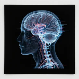 x - ray of human head, brain, spine, nervous system, black paper, negative space, glitchcore, circuitry, sculpture physical based render, redshift, cybernetic flowerpunk, futurism, holography, hyper - maximal, surrealism