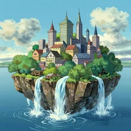 an island of city floating above the sea, waterfalls fall from the island, by Laurie Greasley, artstation, Studio Ghibli color scheme