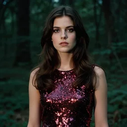 seventies slim young horror actress, sequin top, dark forest, strong line, deep color, beautiful! coherent! by brom