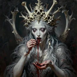 a hiper intricate oil portrait of a ghost godess eating blood, ornate bonecrown, excelent composition, wide shot, by zdzislaw beksinski, intricate, horror atmosphere, unreal engine 5 highly rendered, global illumination