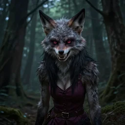 werewolf girl in a dark forest, anthropomorphic, sharp teeth, trending on artstation