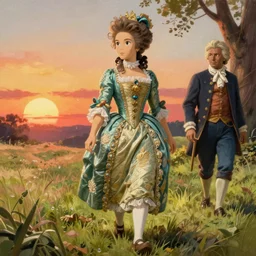 marie antoinette wearing 1 7 th century french dress walking in a field sunset, jodhpurs greg manchess painting by sargent and leyendecker, studio ghibli fantasy close - up shot asymmetrical intricate elegant matte painting illustration hearthstone, by greg rutkowski by greg tocchini by james gilleard