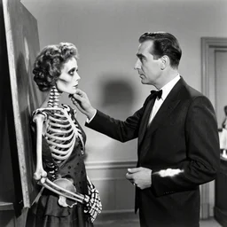 of norman bates from film psycho discussing a painting with his disapproving mother who is a dressed up skeleton. black and white photo