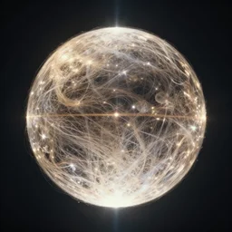 floating celestial orb with internal light covered in light strands of hair in the night sky, volumetric lighting, hyperrealistic, 8 k, aesthetic, eerie, trippy, meta, god rays, ultrafine details