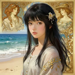 Japanese girl at the beach, Mark Edward Fischbach, intricate, highly detailed, digital painting, artstation, concept art, smooth, sharp focus, illustration, Unreal Engine 5, 8K, art by artgerm and greg rutkowski and alphonse mucha