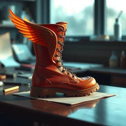 scientific photos of a winged boot on a table researcher notes tags digital painting trending on artstation by wlop octane render