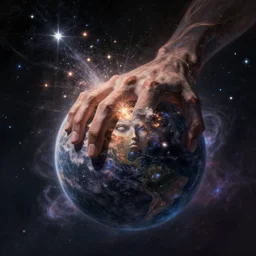 giant celestial hand crushing a planet, stars exploding, dormamu cosmic dust face, concept art, trending on artstation, extremely detailed