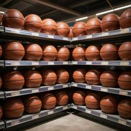 a grocery store with basketballs on the shelves