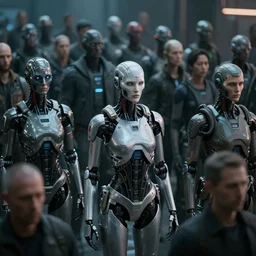 award-winning cinematic still of a crowd of human clones, highly-detailed, establishing shot, cyberpunk style