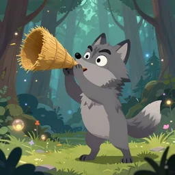 a cartoonish cute anthropomorphic wolf is blowing a barrack made of thatch and straw in a mystical forest full of wonders, pine trees, magical atmosphere, trending on artstation, 30mm, by Noah Bradley trending on ArtStation, deviantart, high detail, stylized portrait