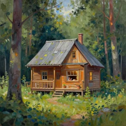 my grandpa build a cozy home in forest, painting in a style of andrzej kmicic