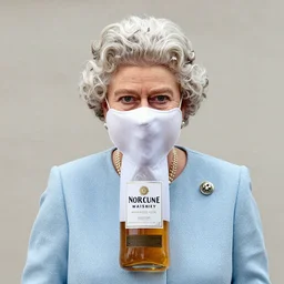 queen elizabeth wearing skimask, lino print as whiskey bottle label