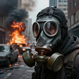 post - apocalyptic city streets, close - up shot of an anarchist with a gasmask, burning cars, explosions, acid color smoke, hyperrealistic, gritty, damaged, dark, urban photography, photorealistic, high details