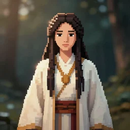 symmetrical portrait of a shamanic priestess, by thomas kinkade, pixel character concept, digital art, cinematic lighting, ray tracing, octane render, long lens, shallow depth of field, bokeh, anamorphic lens flare, 8 k, hyper detailed, 3 5 mm film grain