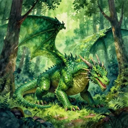 A beautiful, highly detailed, very realistic, very vibrant, watercolor painting of a huge ancient Acid Dragon with lots of bright green scales sneaking around in a dense green forest with lots of trees at dusk. Vibrant dark green and lime green color scheme, realistic.