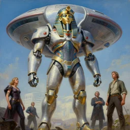 a giant king tut mecha ufo, female statue, tim hildebrandt, wayne barlowe, bruce pennington, donato giancola, trending on artstation, cinematic composition, beautiful lighting, hyper detailed, 8 k, oil on canvas