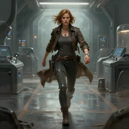 Dolores Abernathy fleeing the westworld laboratory, robot revolution, apocalypse, highly detailed, digital painting, artstation, cgscoiety, cinematic, full body portrait, concept art, 8K, art by Mark Robert Taylor.